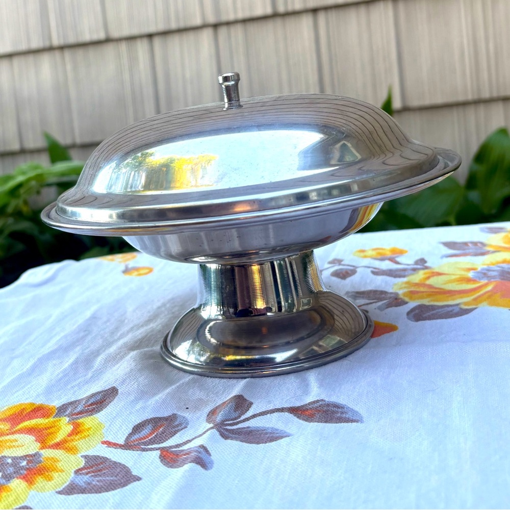 MCM Tiki Orchids of Hawaii Stainless Steal Lidded Pedestal Dish